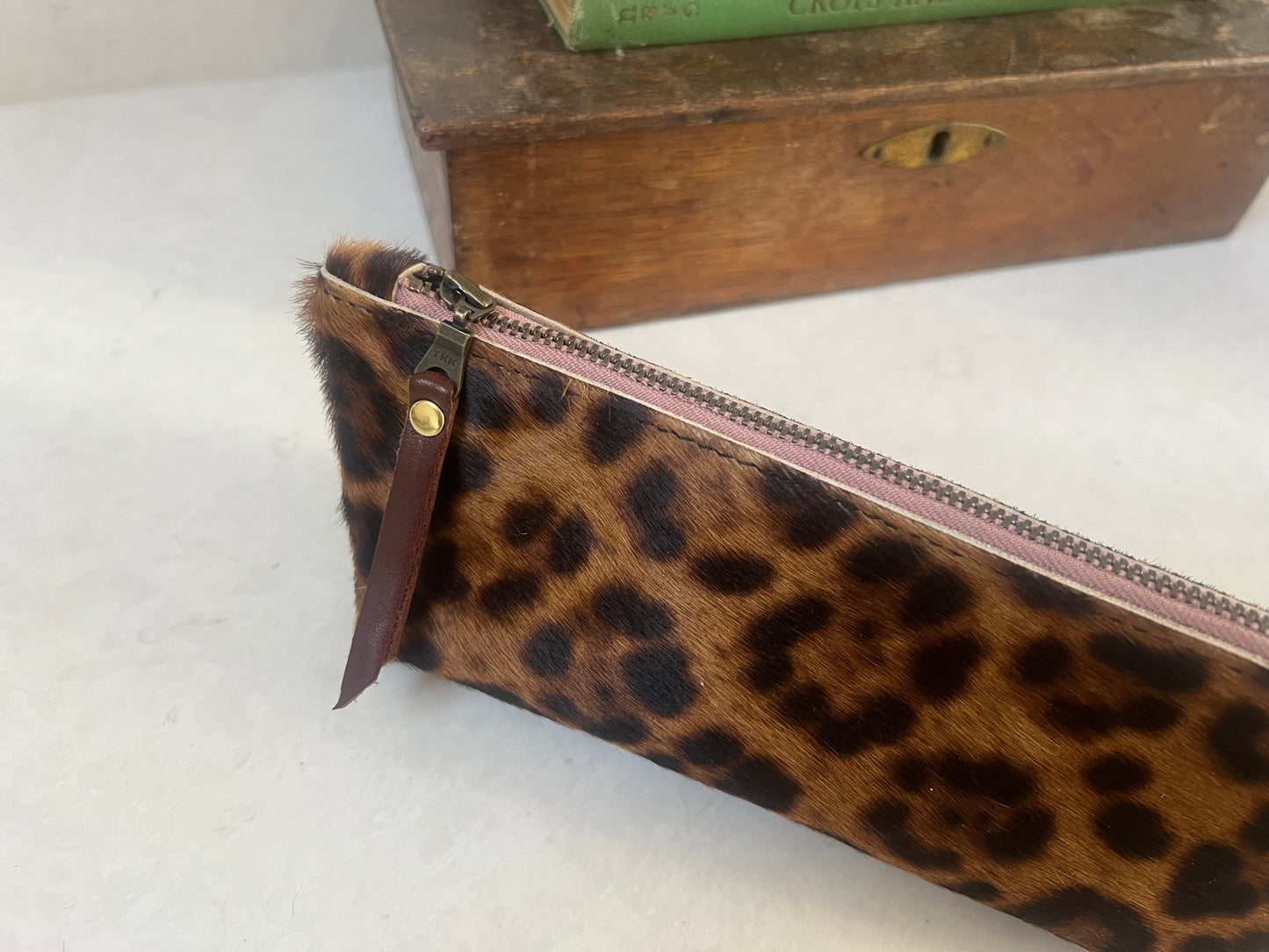 Handmade jaguar print leather pencil case made in Cornwall UK