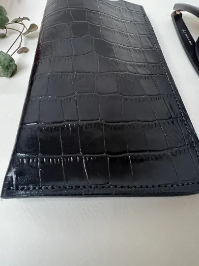 Alex Glasses Case in black mock crocodile by LMOR Studio Cornwall, handmade detail close-up