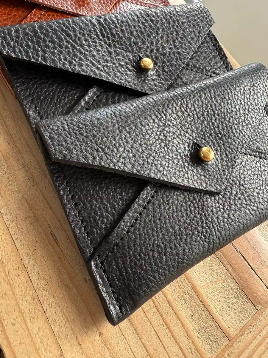 Black Envelope Purse detail by LMOR Studio Cornwall, handmade leather clutch close-up