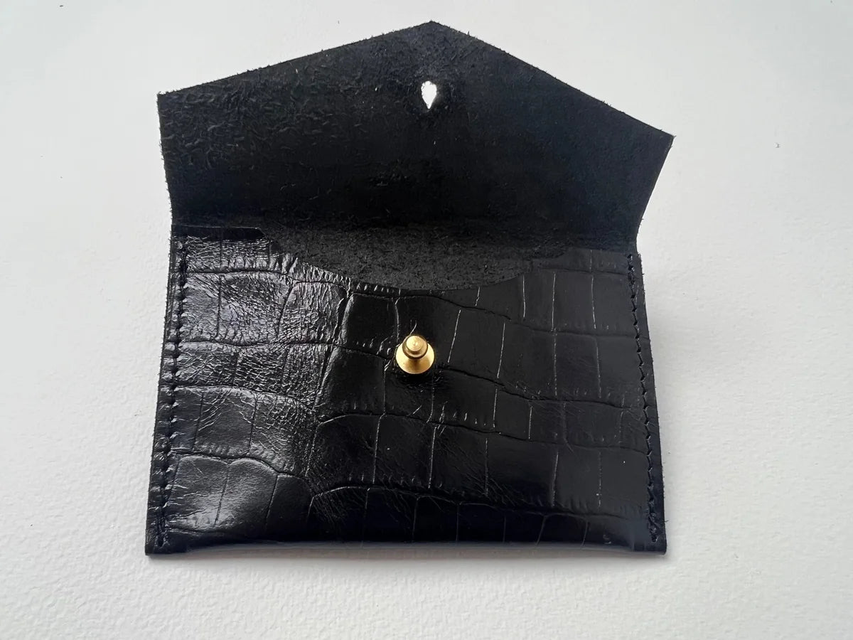 Mia Card Holder in black crocodile leather detail, handmade by LMOR Studio Cornwall