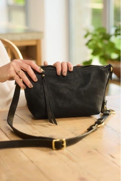 Handmade black leather Elspeth cross-body bag made in Cornwall UK