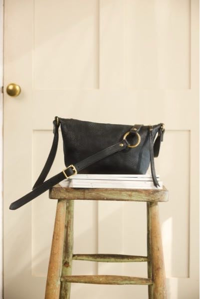 Handmade black leather Elspeth cross-body bag made in Cornwall UK
