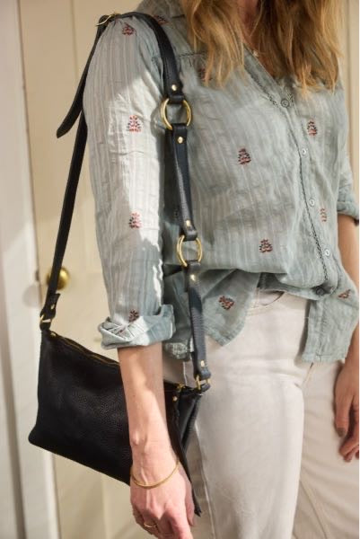 Handmade black leather Elspeth cross-body bag made in Cornwall UK