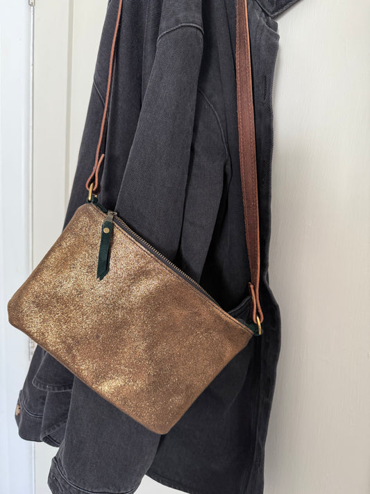 Olive Cross-Body Bag | Forest Green and Bronze. Lined