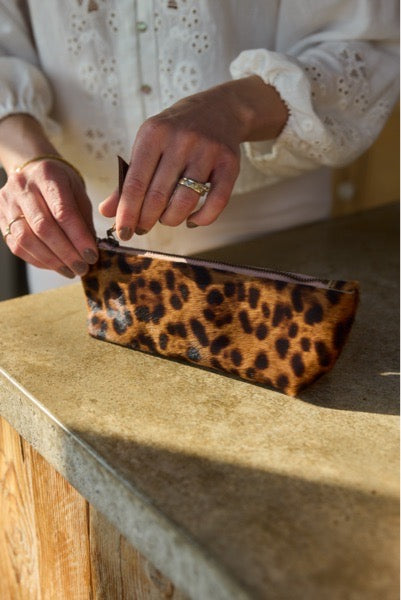 Handmade jaguar print leather pencil case made in Cornwall UK