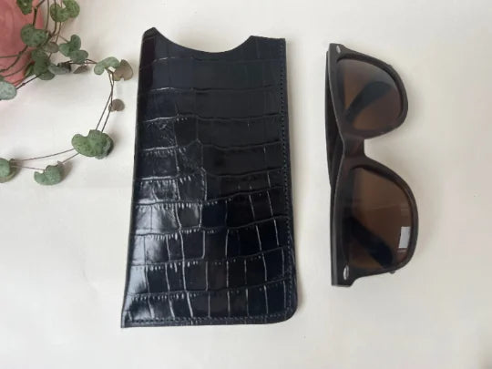 Alex Glasses Case in black mock crocodile by LMOR Studio Cornwall, handmade eyewear accessory