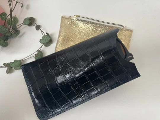 Alex Glasses Case in black mock crocodile by LMOR Studio Cornwall, handmade design detail view