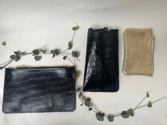 Alex Glasses Case in black mock crocodile by LMOR Studio Cornwall, handmade design detail view