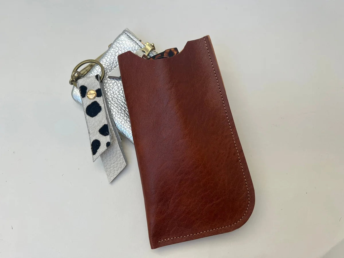 Alex Glasses Case in tan leather, handmade by LMOR Studio Cornwall