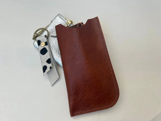 Alex Glasses Case in tan leather, handmade by LMOR Studio Cornwall