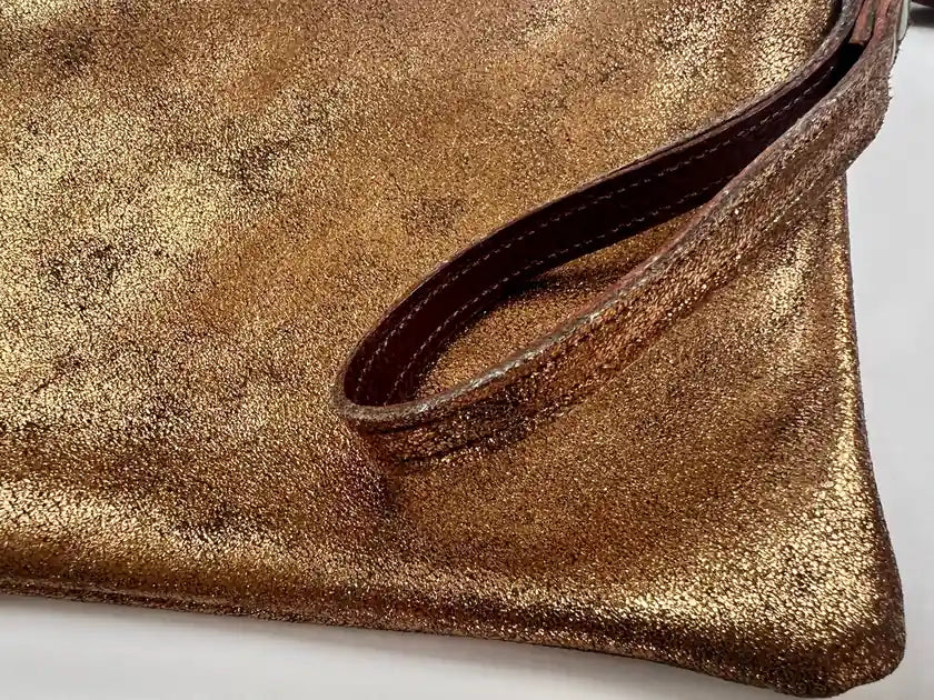 Astrid Clutch Bag in bronze leather, handmade by LMOR Studio Cornwall - detail close-up view