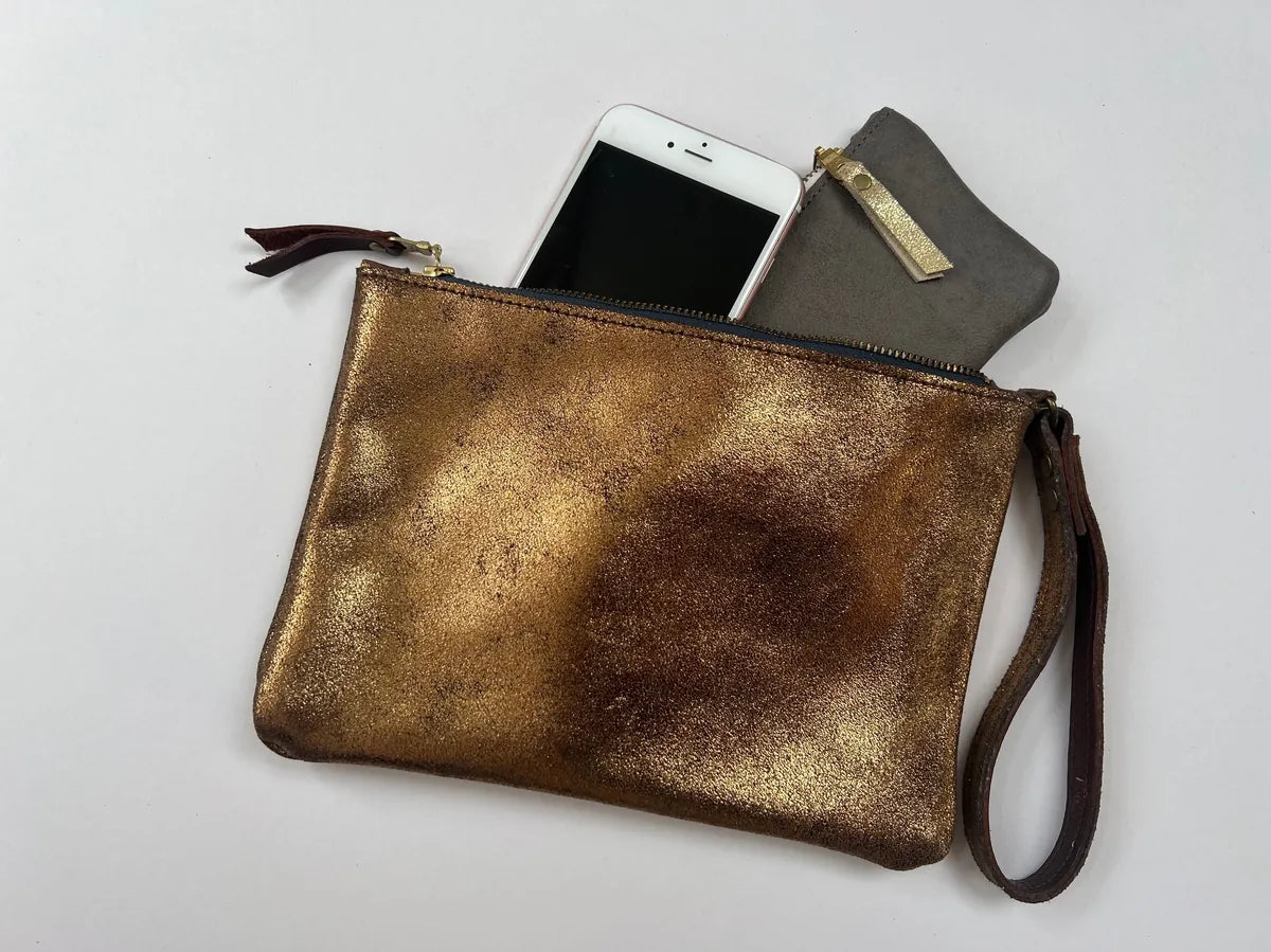Astrid Clutch Bag in bronze leather, handmade by LMOR Studio Cornwall