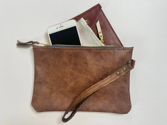 Astrid brown clutch bag by LMOR Studio Cornwall, handmade leather evening accessory