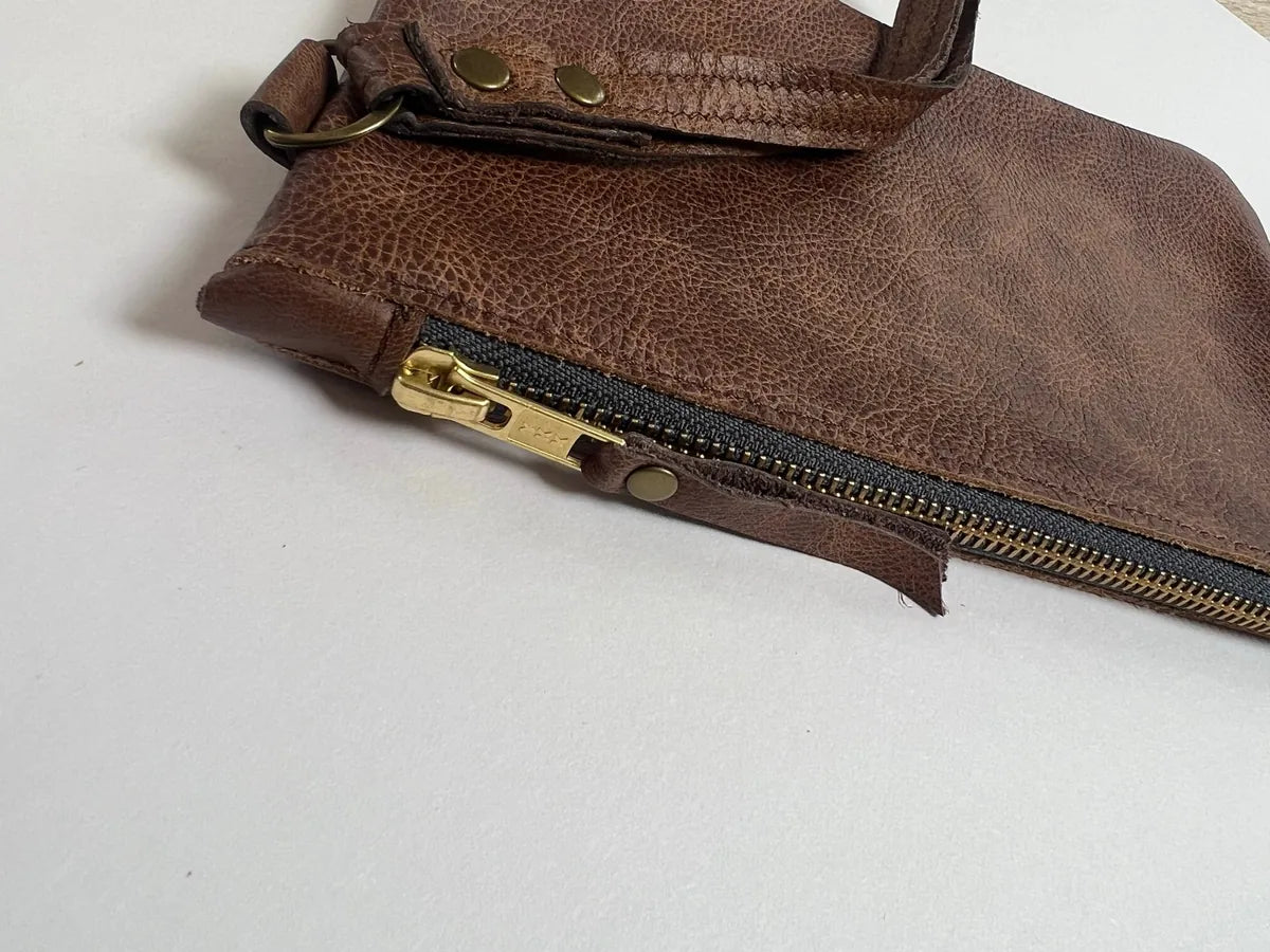 Astrid brown clutch bag by LMOR Studio Cornwall, handmade leather evening bag view 2