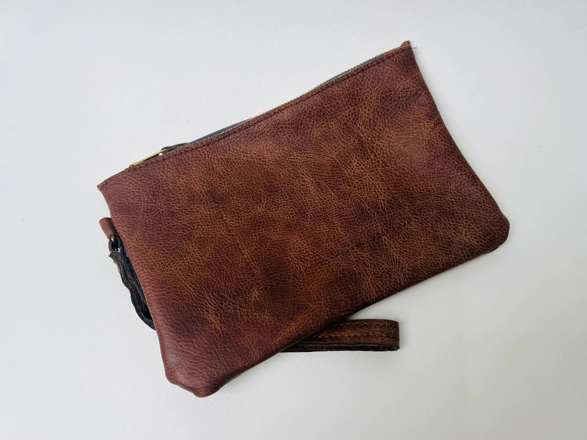 Astrid brown clutch bag by LMOR Studio Cornwall, handmade leather evening accessory