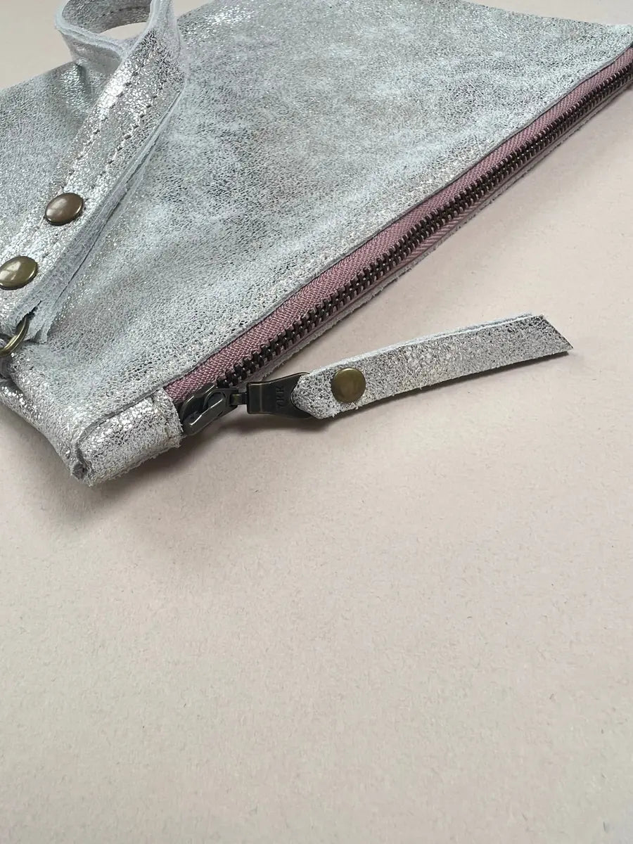 Astrid Clutch Bag in silver and pink by LMOR Studio Cornwall, handmade designer accessory