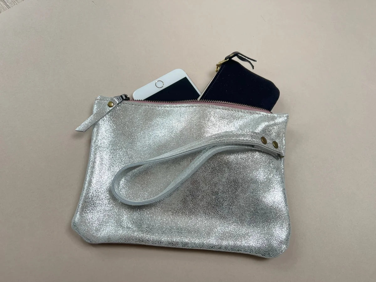 Astrid Clutch Bag in silver and pink by LMOR Studio Cornwall, handmade designer accessory
