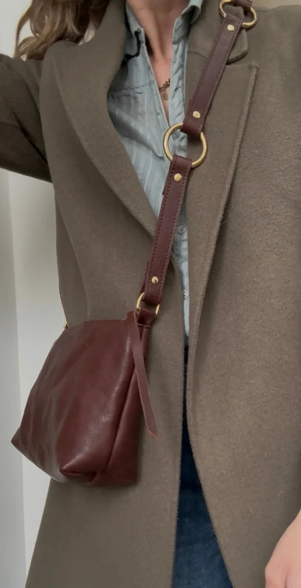 Elspeth chocolate cross-body bag by LMOR Studio Cornwall, handmade leather design view 2