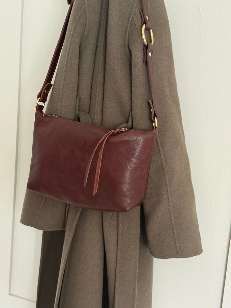 Elspeth chocolate cross-body bag by LMOR Studio Cornwall, handmade leather design view 3
