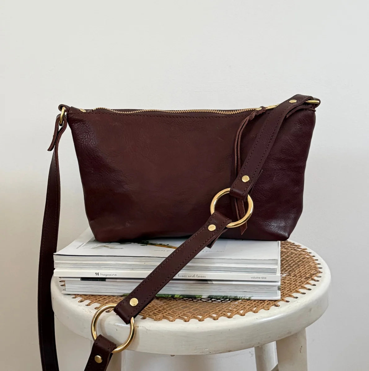 Elspeth chocolate cross-body bag by LMOR Studio Cornwall, handmade leather design view 4