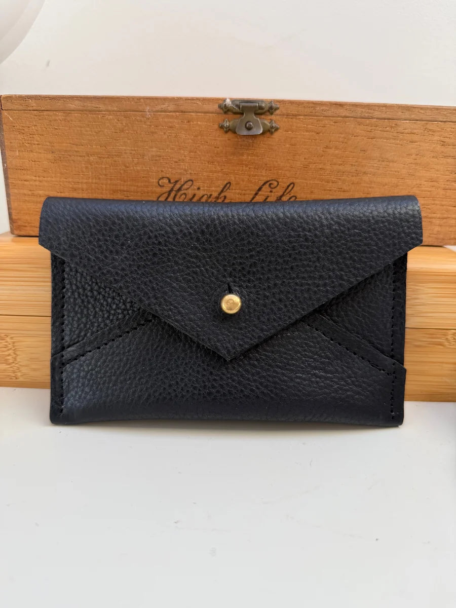 Black envelope purse by LMOR Studio Cornwall, handmade leather clutch bag