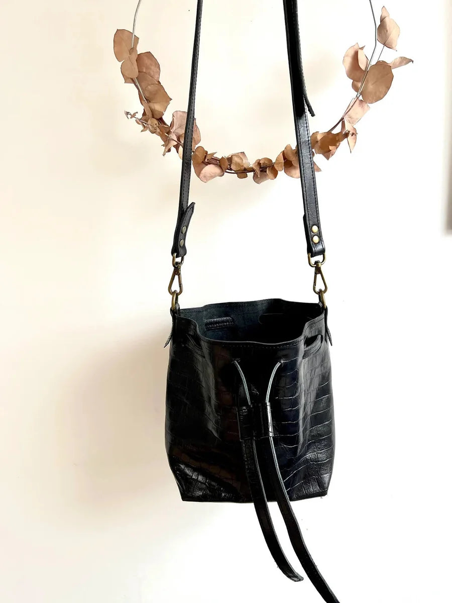 Esme Bucket Bag in black mock crocodile leather, handmade in Cornwall by LMOR Studio
