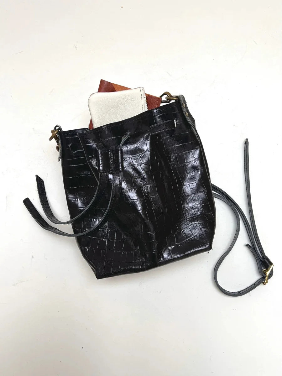 Esme Bucket Bag in black mock crocodile leather by LMOR Studio Cornwall