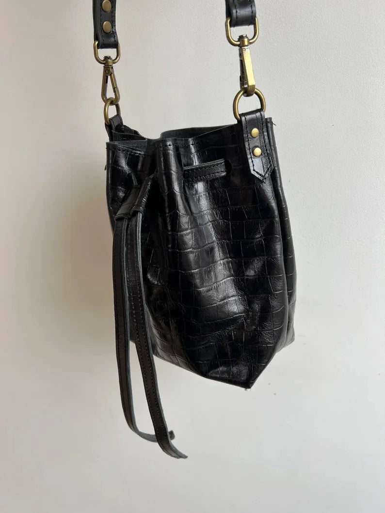 Esme Bucket Bag in black mock crocodile leather by LMOR Studio Cornwall, handmade design detail view