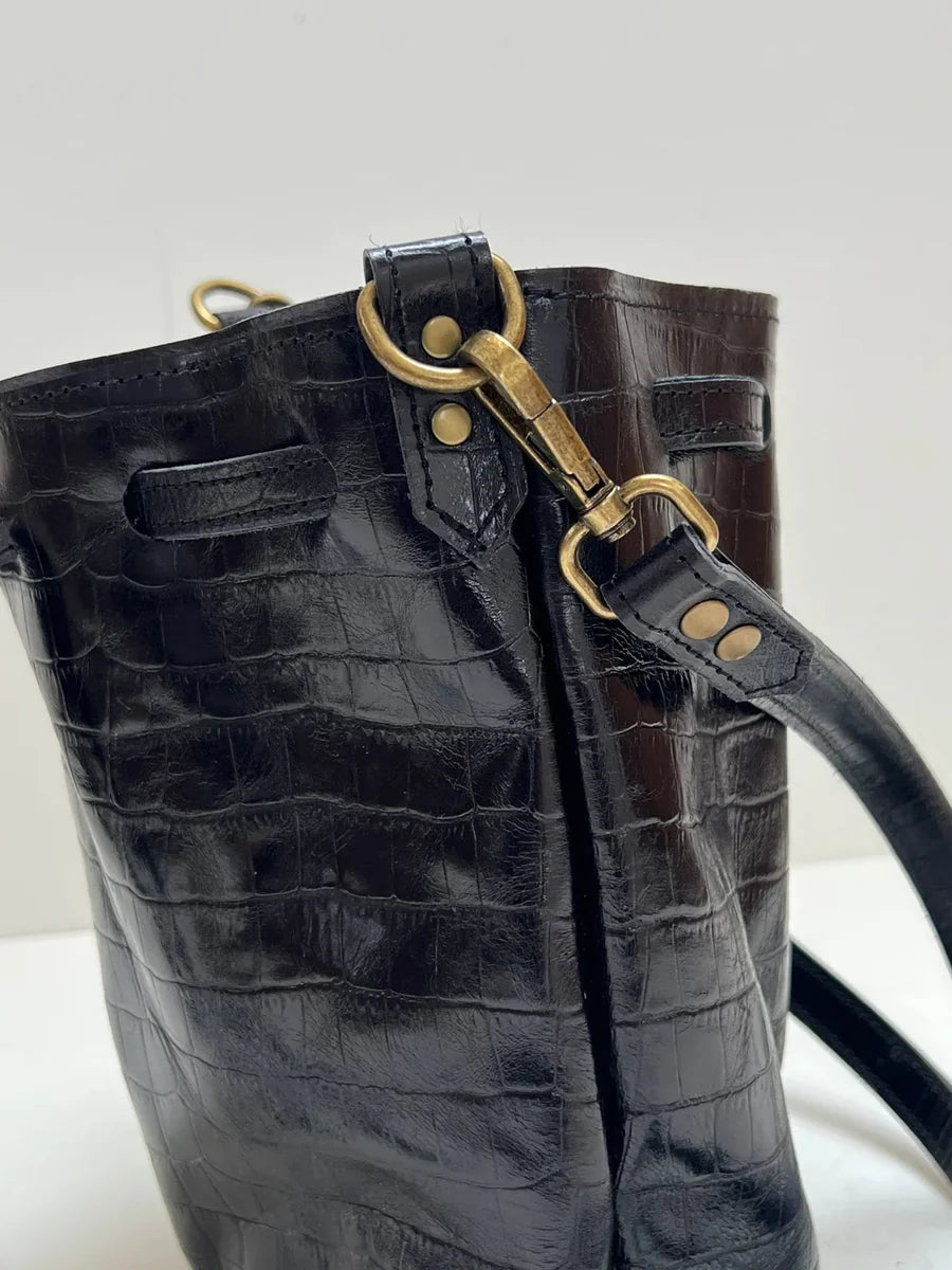 Esme Bucket Bag in black mock crocodile leather by LMOR Studio Cornwall, handmade design view