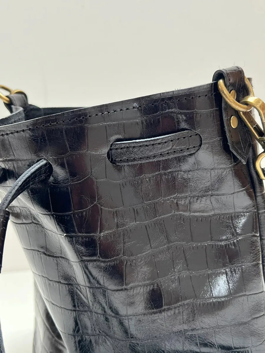 Esme Bucket Bag in black mock crocodile leather by LMOR Studio Cornwall, handmade design detail view