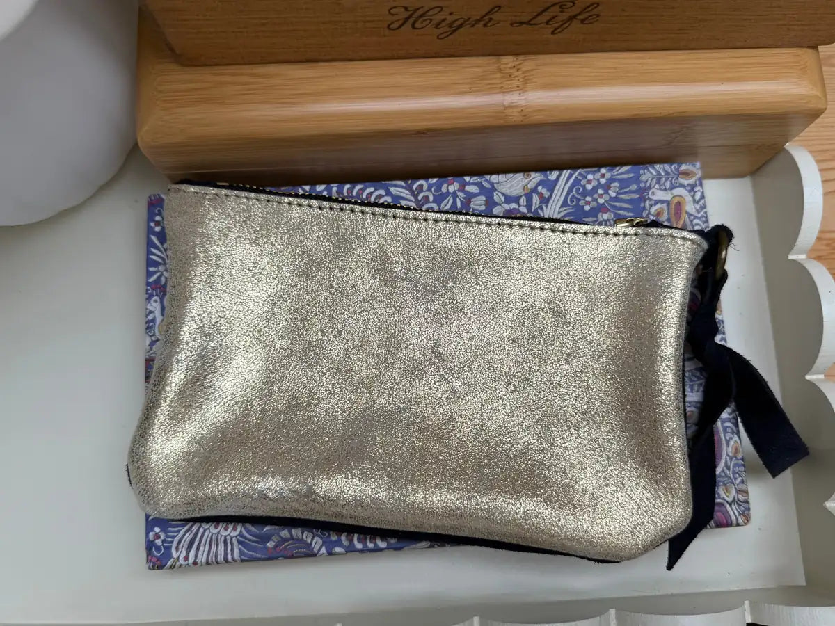 Large gold and navy coin purse by LMOR Studio Cornwall, handmade leather design