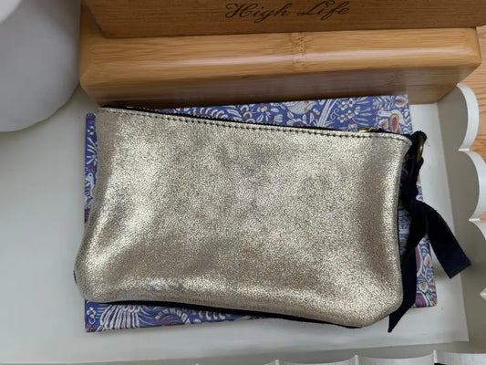 Large gold and navy coin purse by LMOR Studio Cornwall, handmade leather design