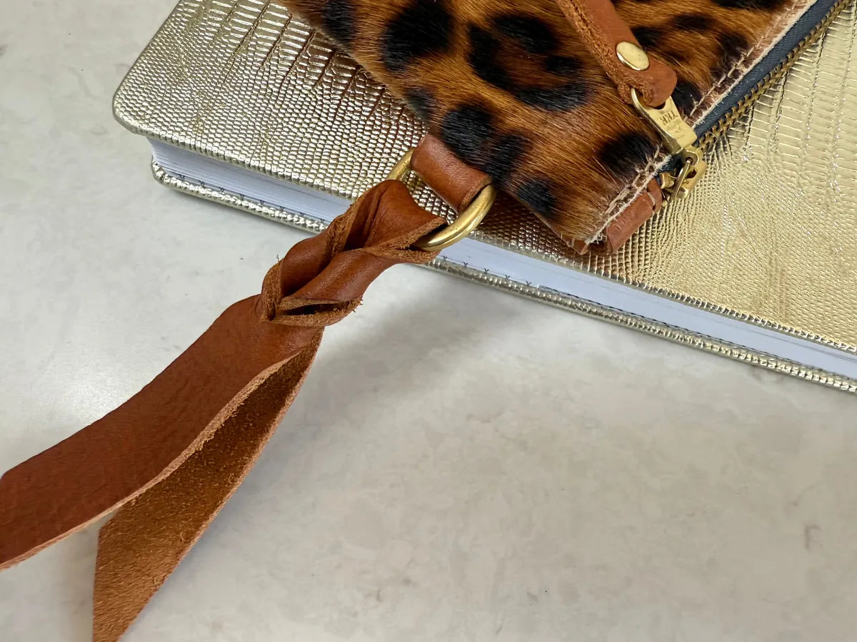 Large Jaguar and Tan Coin Purse by LMOR Studio Cornwall, handmade detail close-up