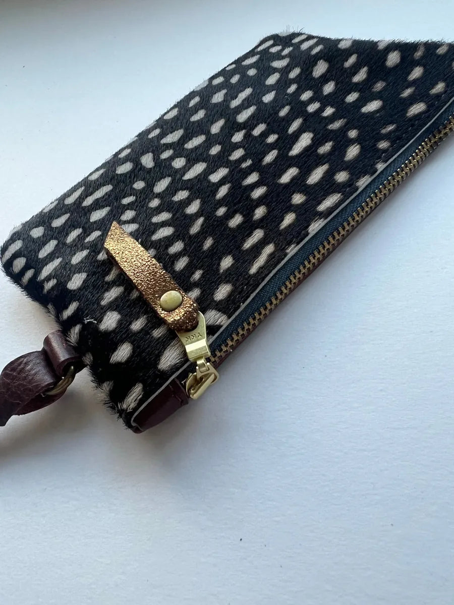 Large spotty brown coin purse by LMOR Studio Cornwall, handmade detail close-up