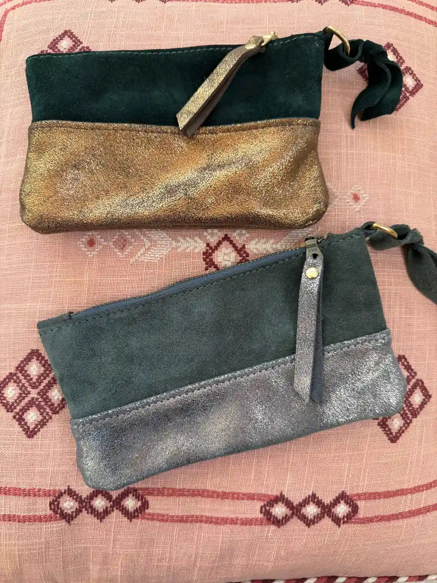 Large Coin Purse in Spruce Green and Pewter by LMOR Studio Cornwall, handmade detail close-up