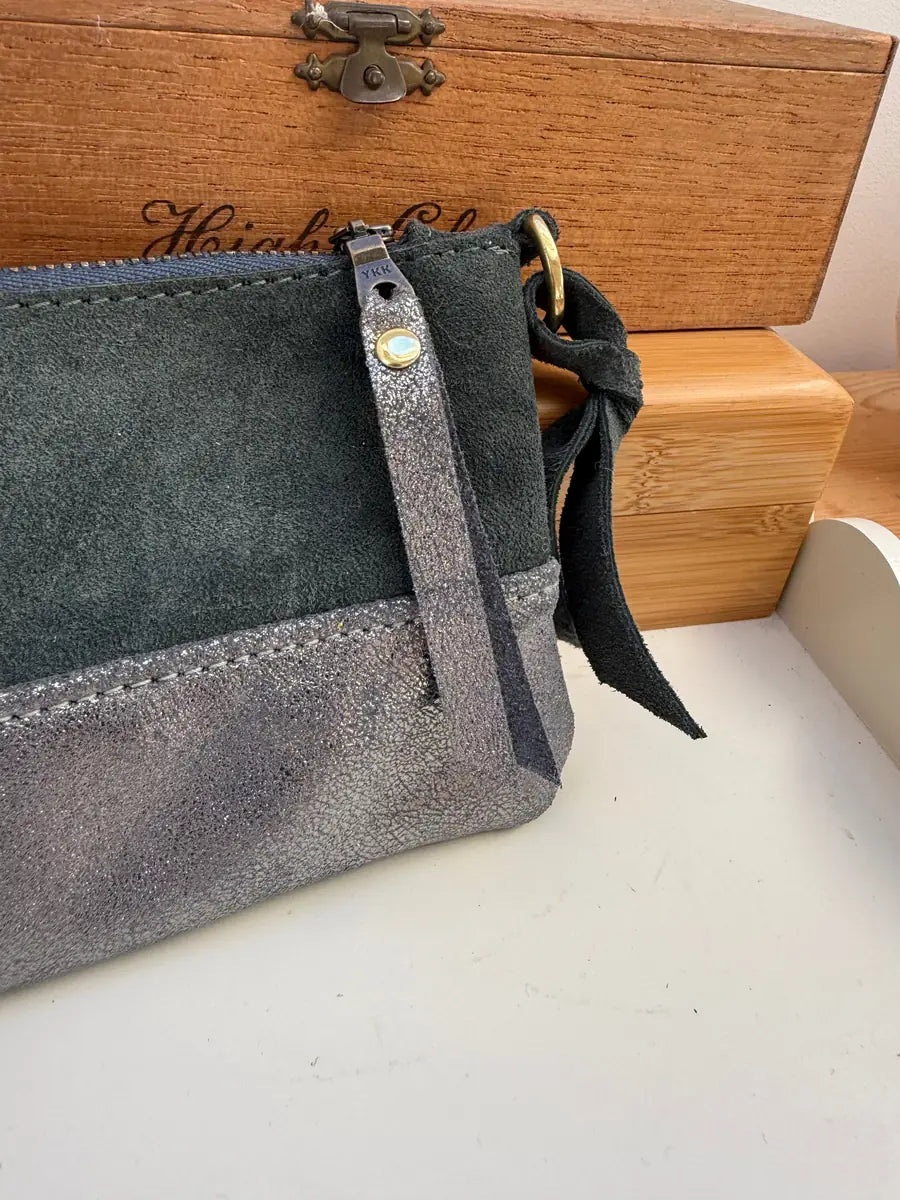 Large spruce green and pewter coin purse by LMOR Studio Cornwall, handmade leather wallet