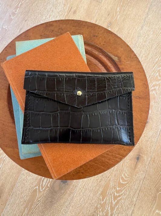 Mia black crocodile card holder by LMOR Studio Cornwall, handmade leather accessory