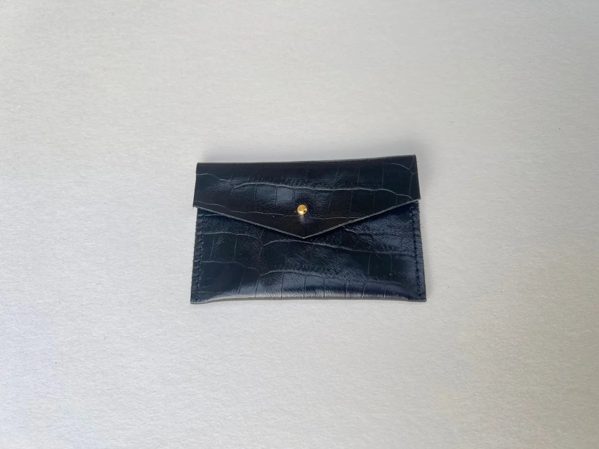 Mia black crocodile card holder by LMOR Studio Cornwall, handmade leather accessory