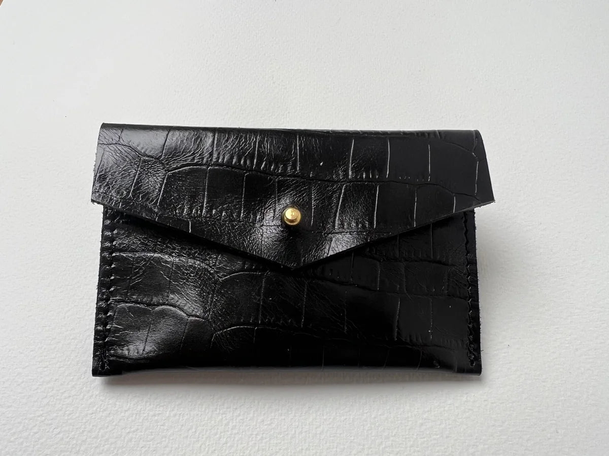 Mia black crocodile card holder by LMOR Studio Cornwall, handmade leather accessory