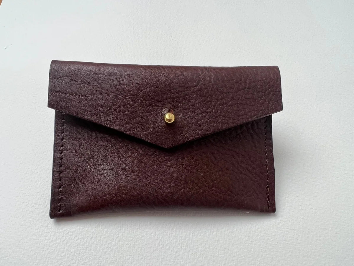 Mia Card Holder in Chocolate by LMOR Studio Cornwall, handmade leather detail close-up