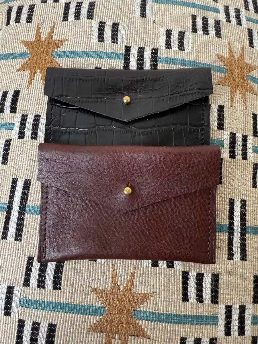Mia chocolate leather card holder by LMOR Studio Cornwall, handmade design