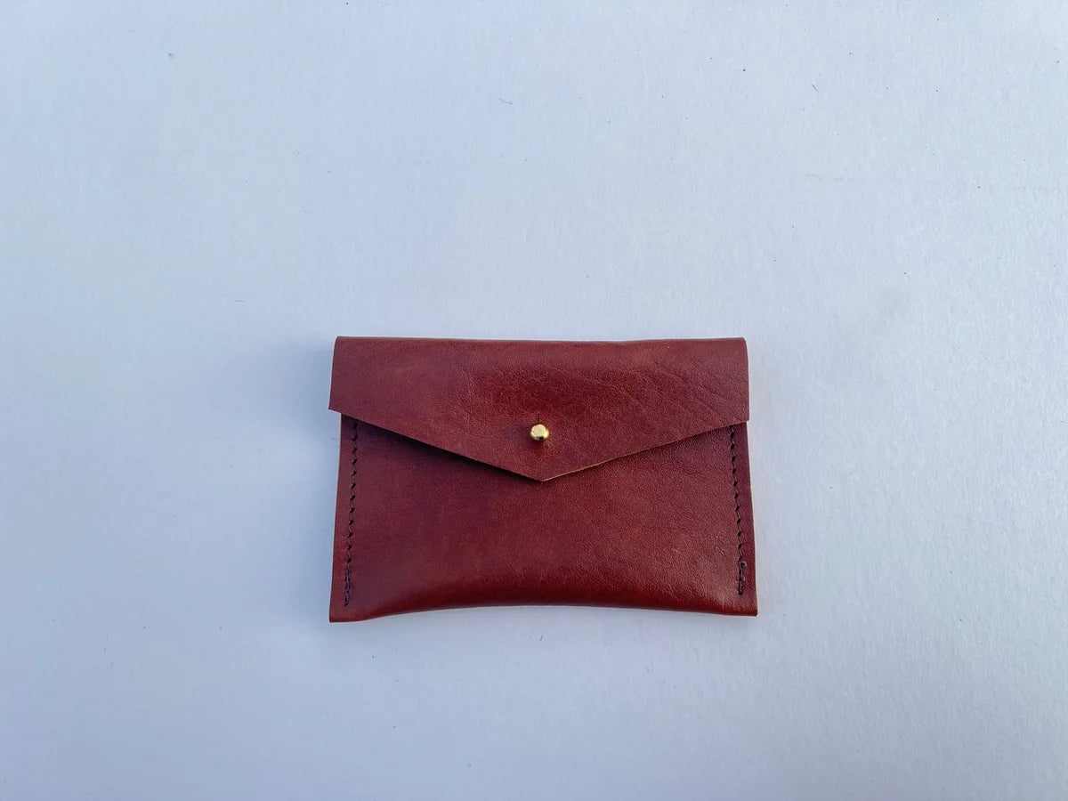 Mia tan leather card holder by LMOR Studio Cornwall, handmade detail close-up