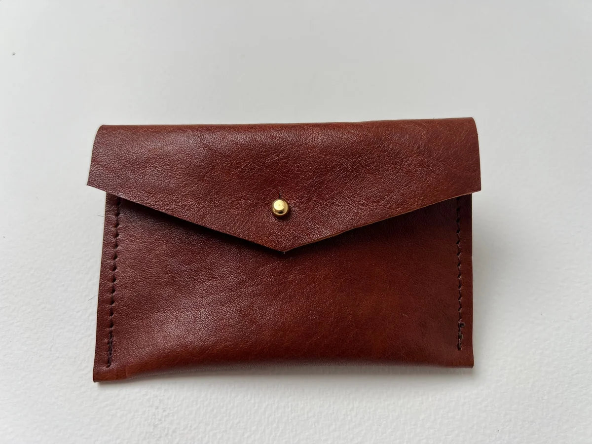Mia tan leather card holder by LMOR Studio Cornwall, handmade minimalist design