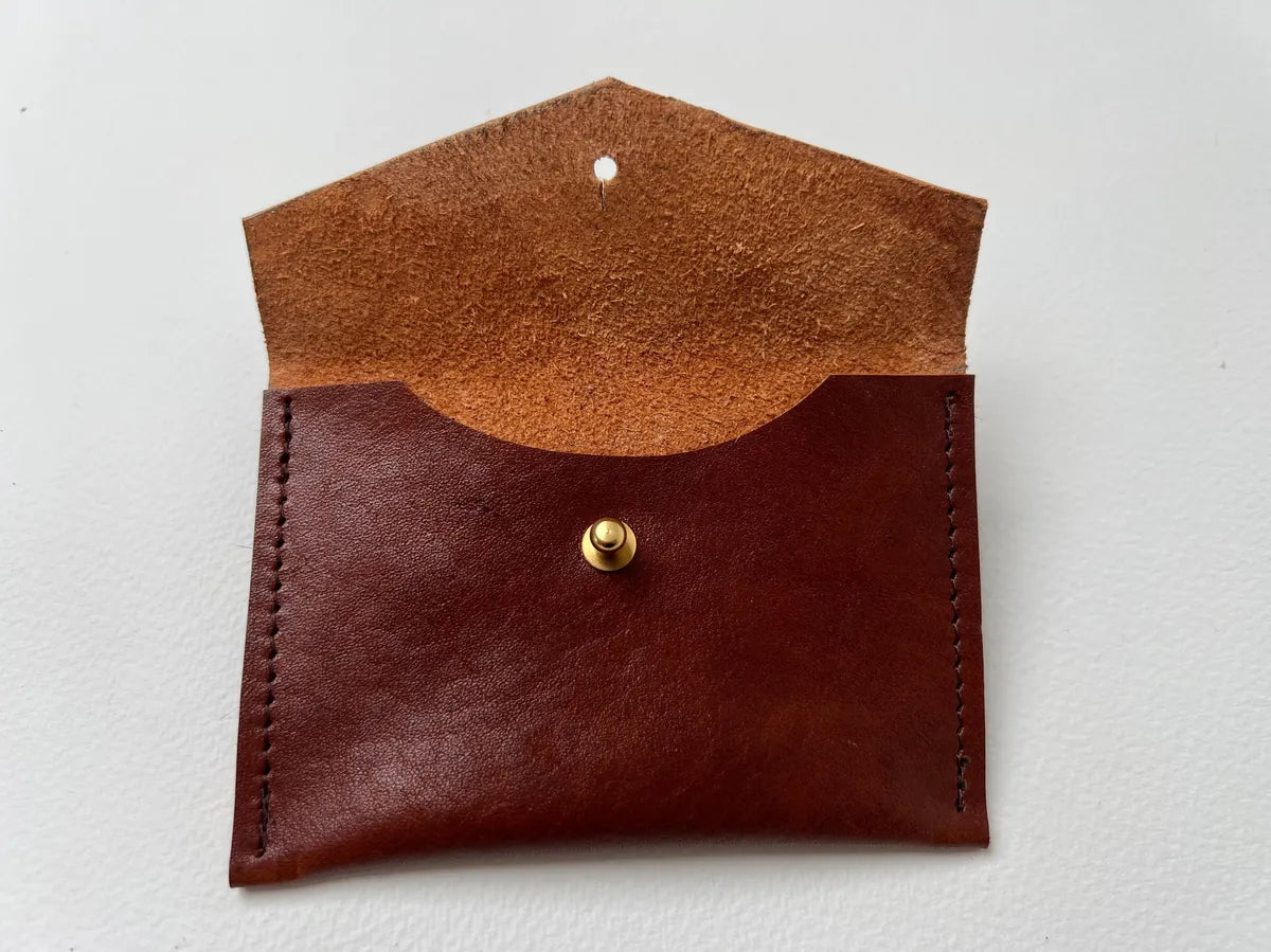 Mia tan card holder by LMOR Studio Cornwall, handmade leather wallet view