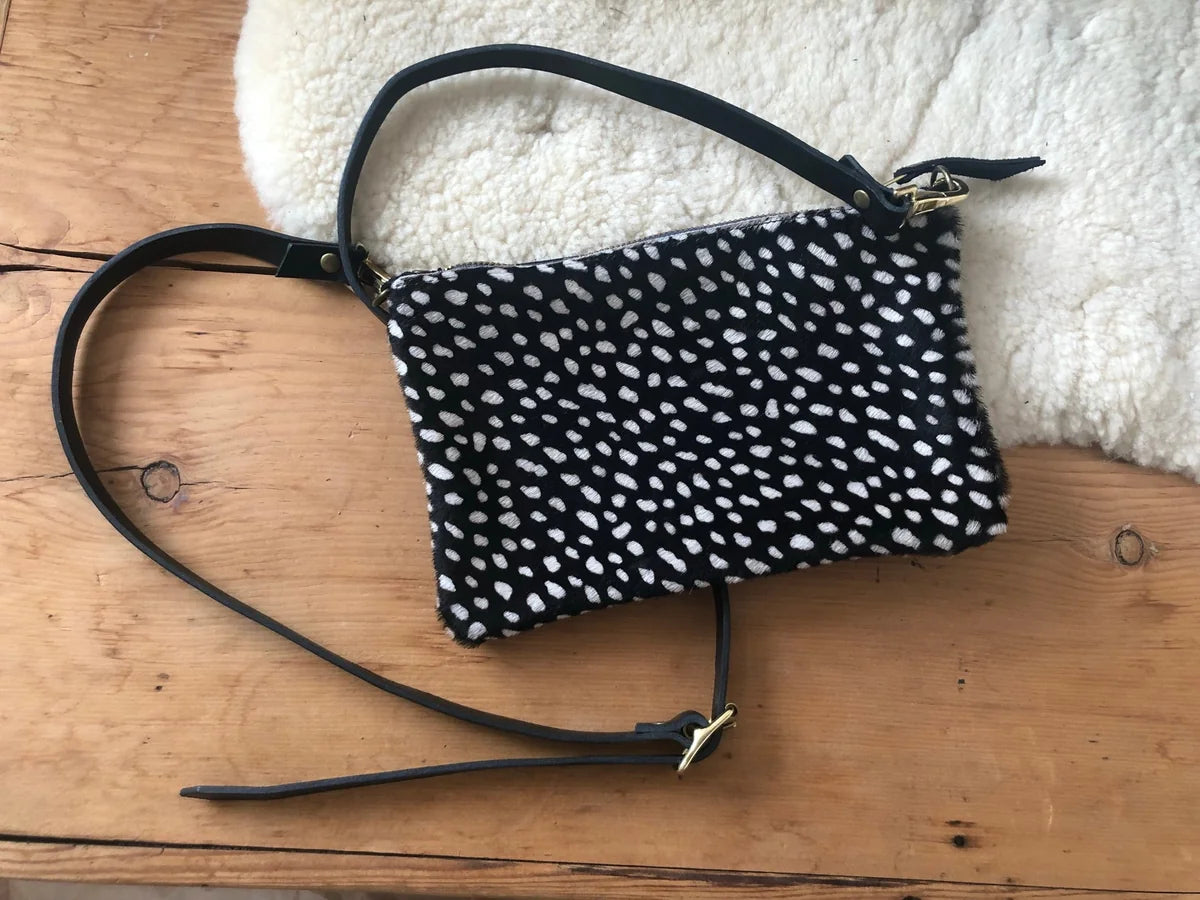 Olive cross-body bag in black suede with spotty hair-on detail by LMOR Studio Cornwall