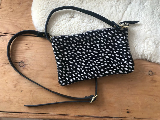Olive cross-body bag in black suede with spotty hair-on detail by LMOR Studio Cornwall