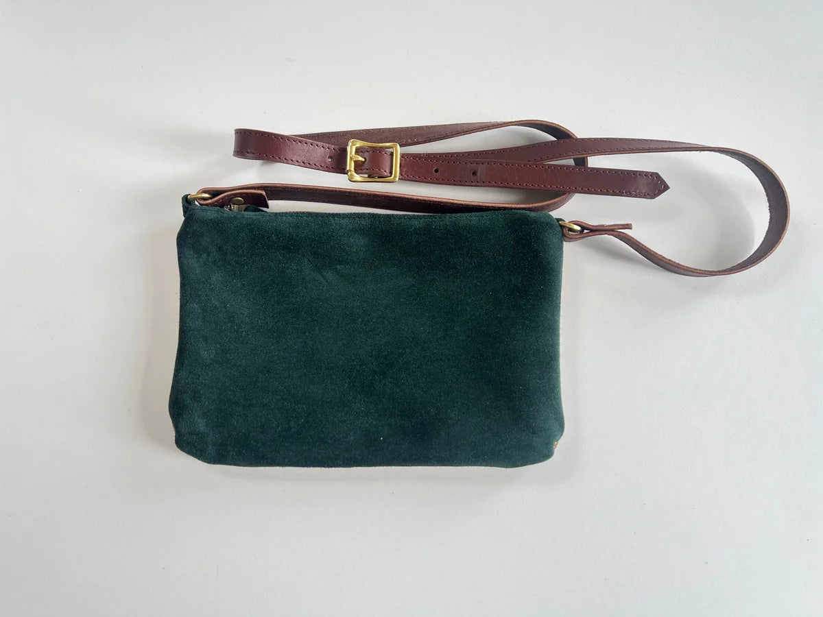 Olive cross-body bag detail in forest green and bronze, handmade by LMOR Studio Cornwall