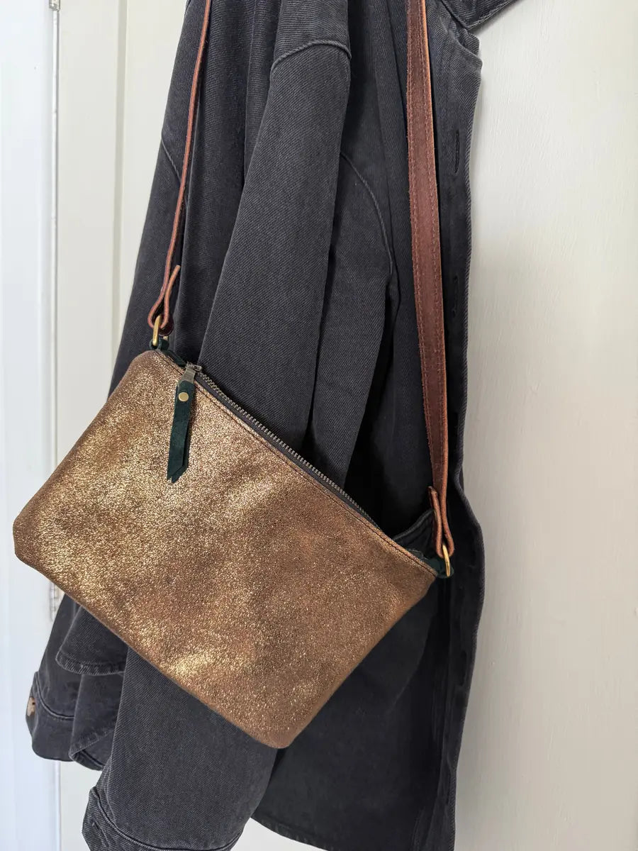 Olive cross-body bag in forest green and bronze by LMOR Studio Cornwall, handmade lined design