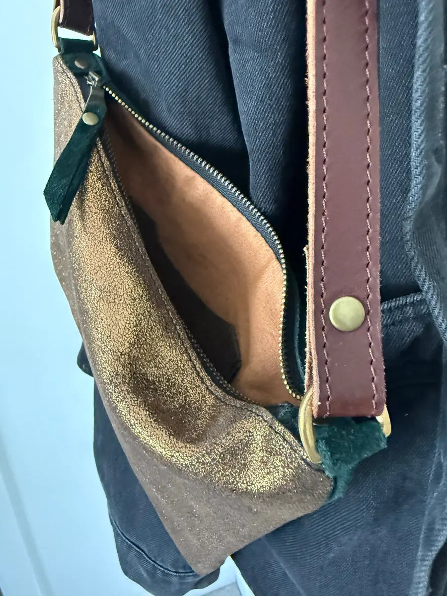Olive cross-body bag in forest green and bronze by LMOR Studio Cornwall, lined interior view