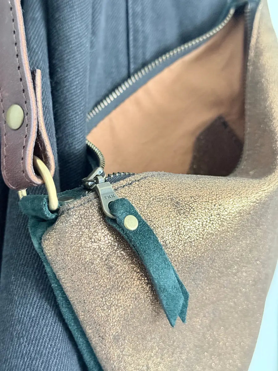 Olive cross-body bag in forest green and bronze, lined, handmade by LMOR Studio Cornwall